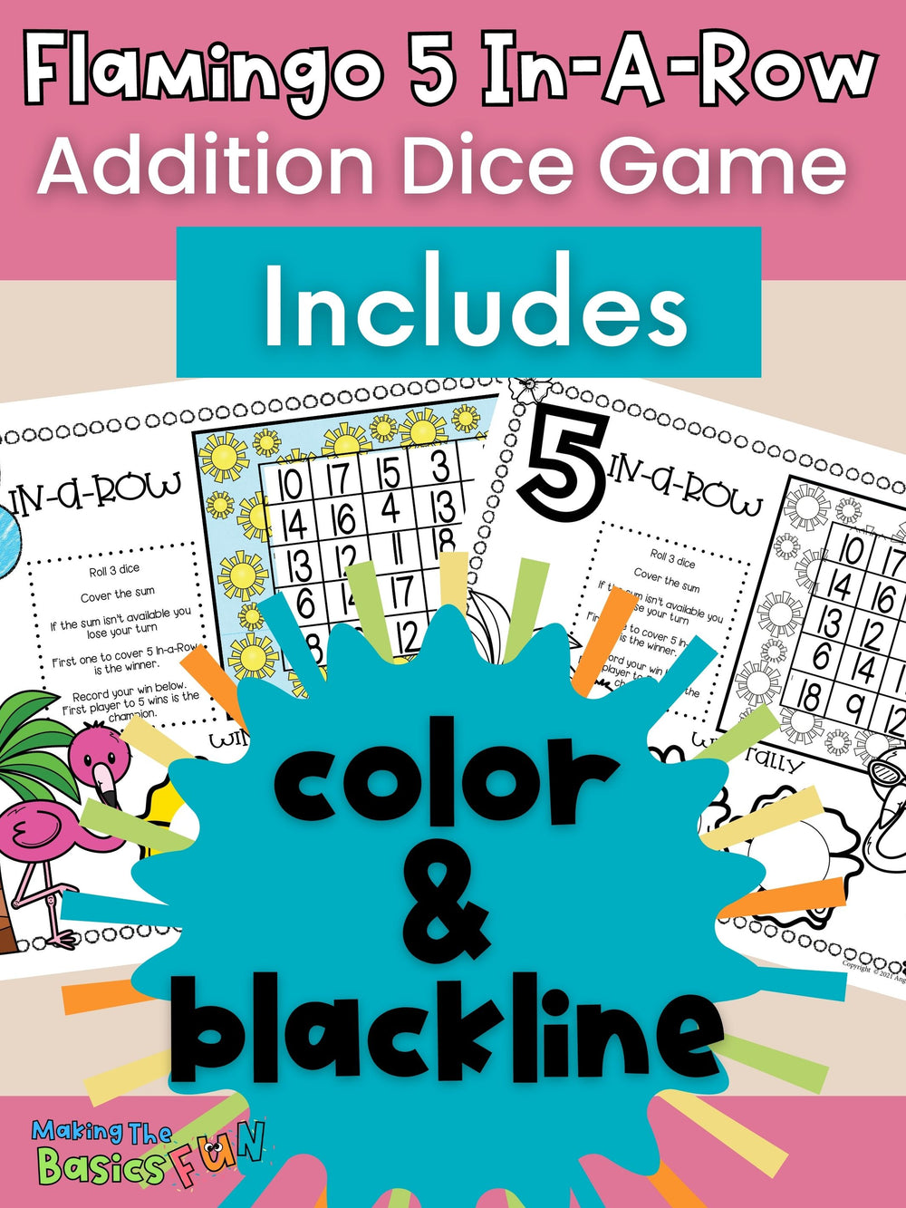 Flamingo 5 In -A-Row game board in color or blackline master print options