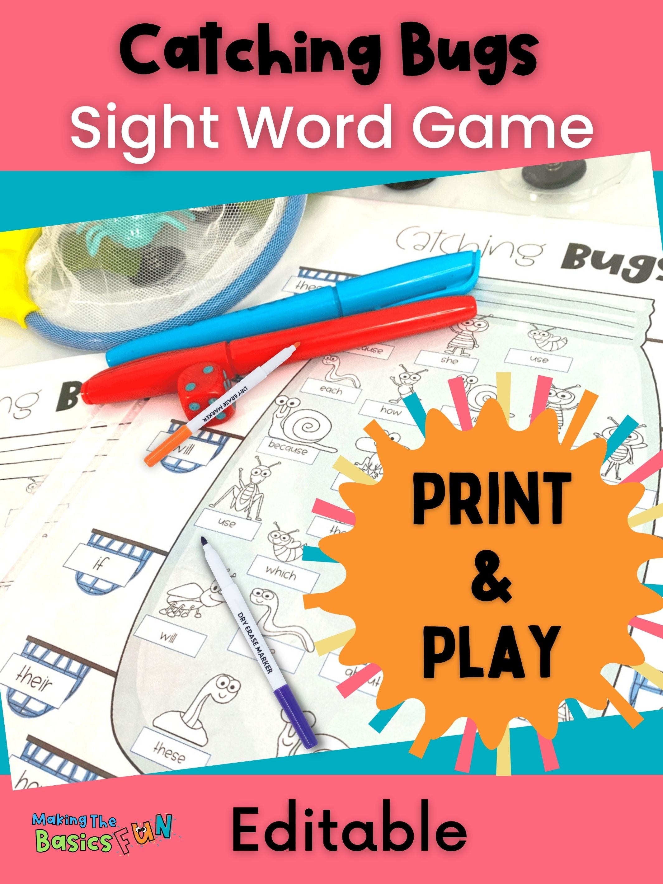 Kindergarten Printable Sight Word Game Editable Catching Bugs