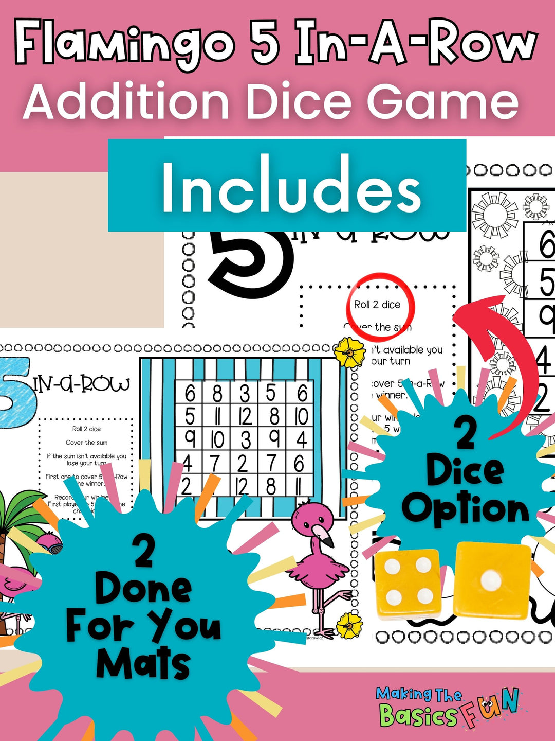 Addition Dice Game - Flamingo 5 In-A-Row - Print & Play Math Game