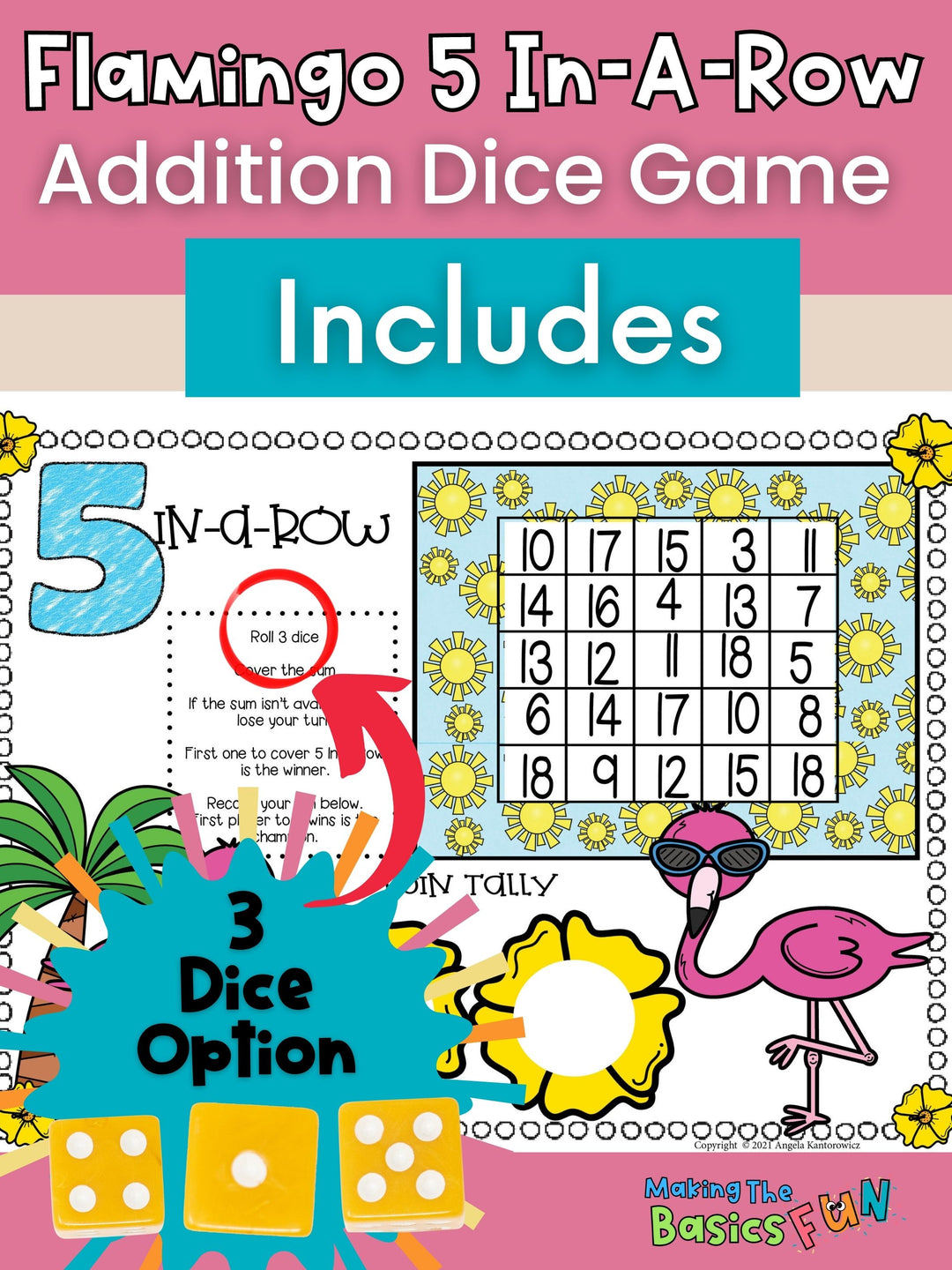 Addition Dice Game - Flamingo 5 In-A-Row - Print & Play Math Game