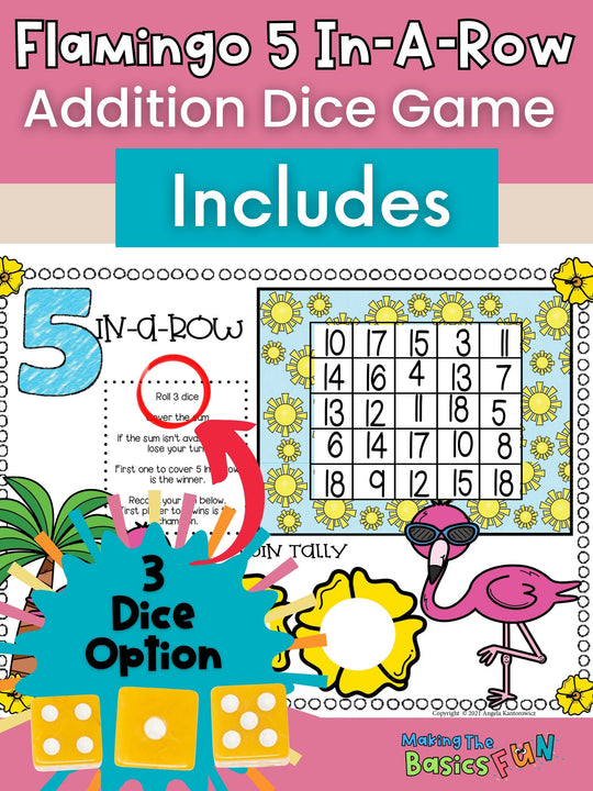 Addition Dice Game - Flamingo 5 In-A-Row - Print & Play Math Game