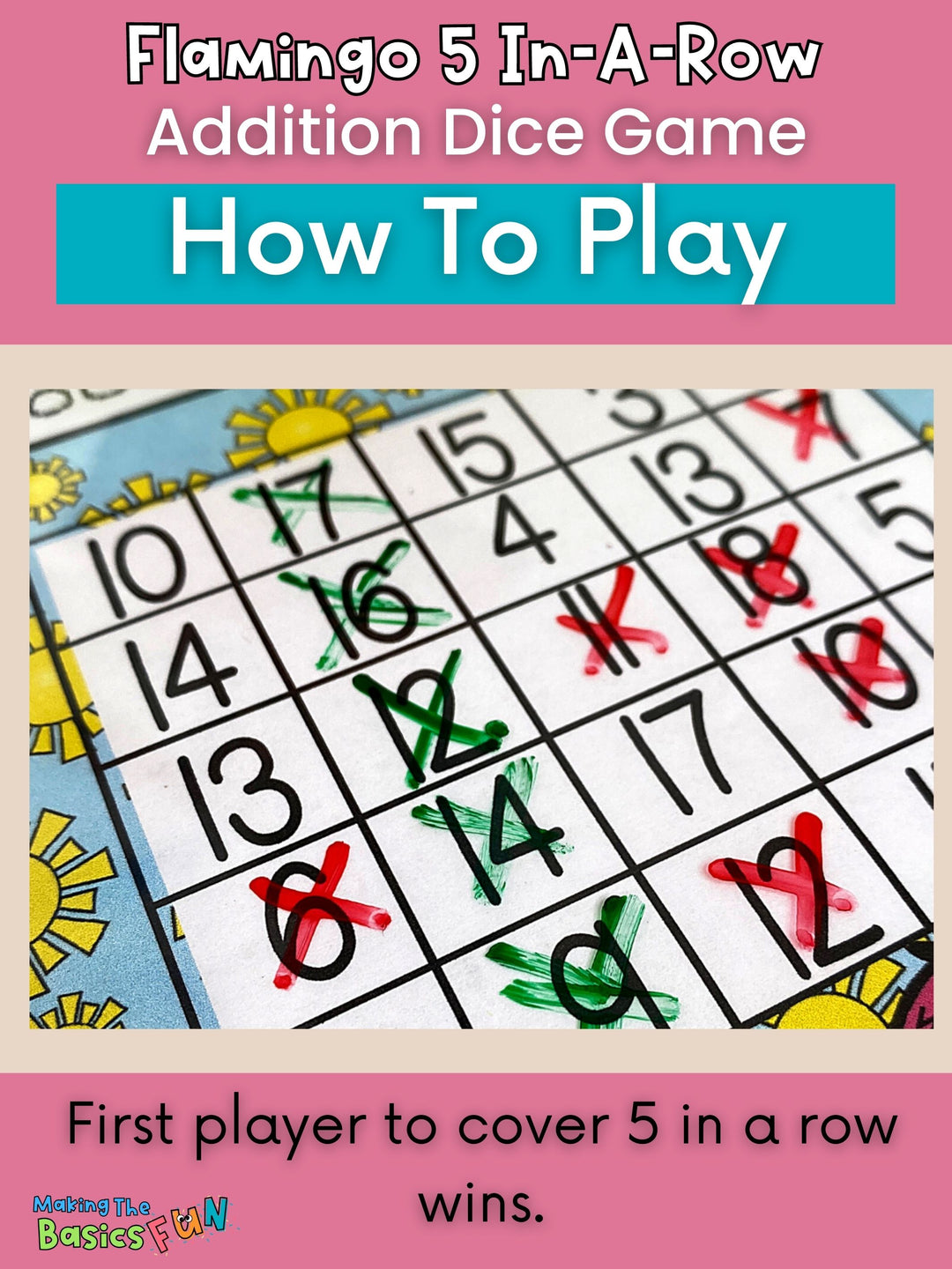 Addition Dice Game - Flamingo 5 In-A-Row - Print & Play Math Game