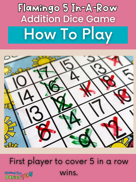 Addition Dice Game - Flamingo 5 In-A-Row - Print & Play Math Game