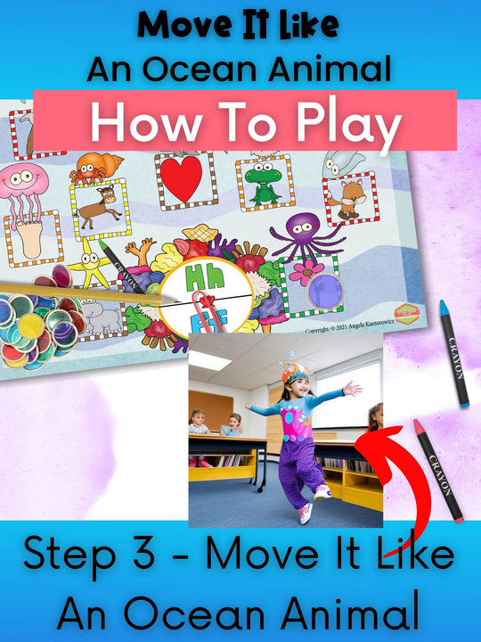 Step 3 is to move like the ocean animal that is located above the selected initial sound picture.  A young learner is making the motion of an octopus. 