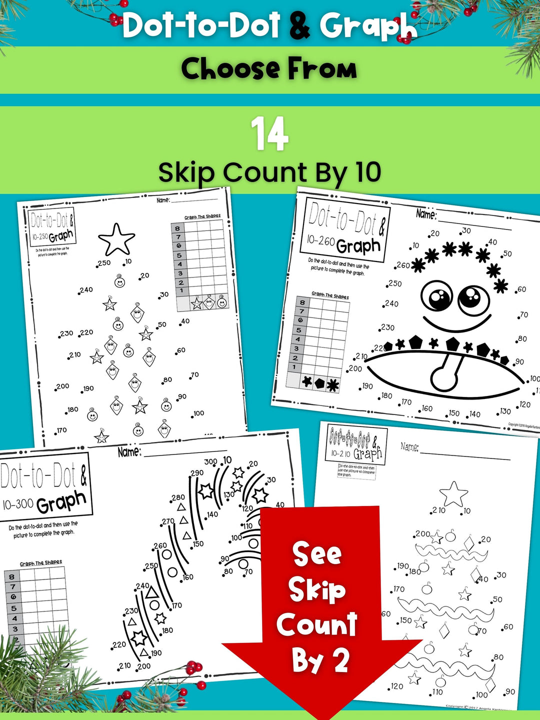 Dot-To-Dot & Graph Christmas Skip Count by 10 and 2