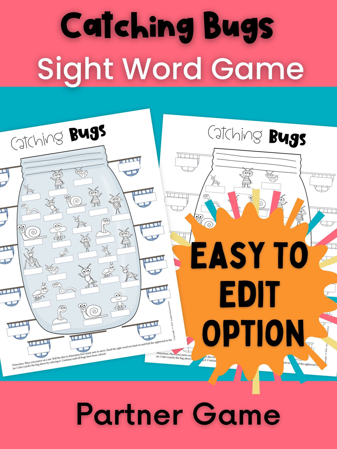 Kindergarten Printable Sight Word Game | Editable | Catching Bugs