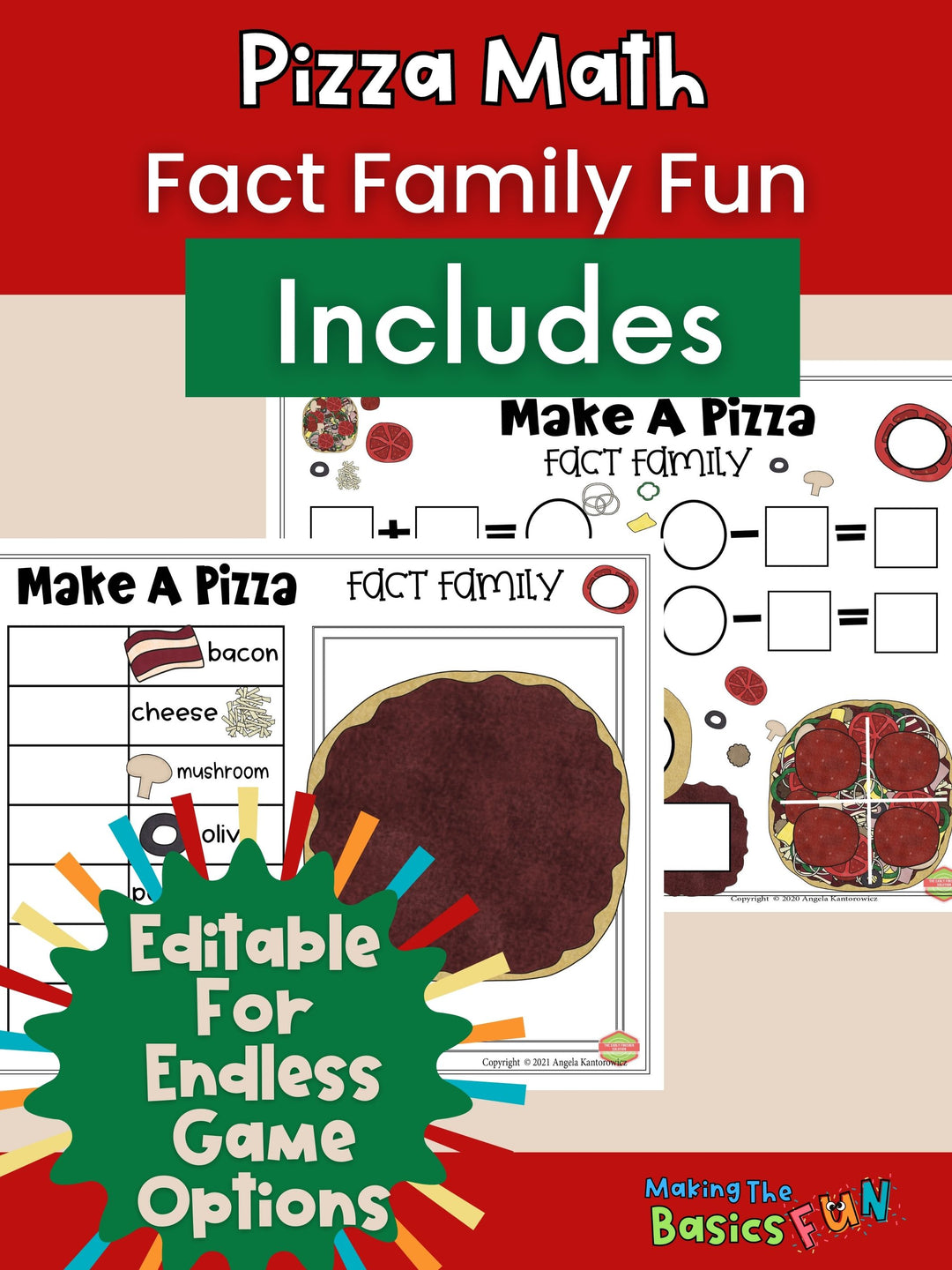 Fact Family Pizza Math - Editable Math Printable Game