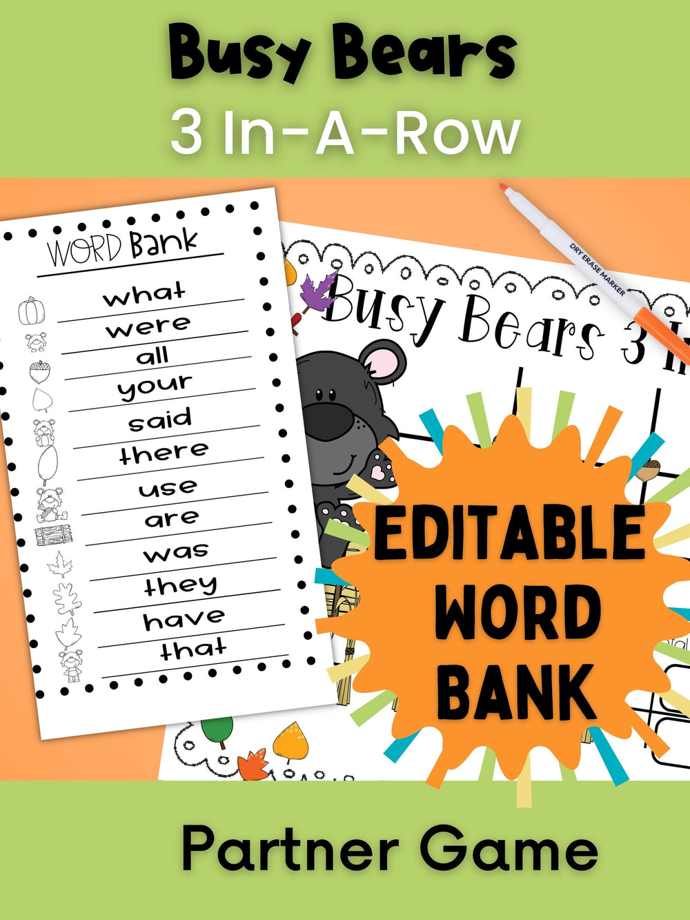 Editable Word Game | Busy Bear 3 In-A-Row
