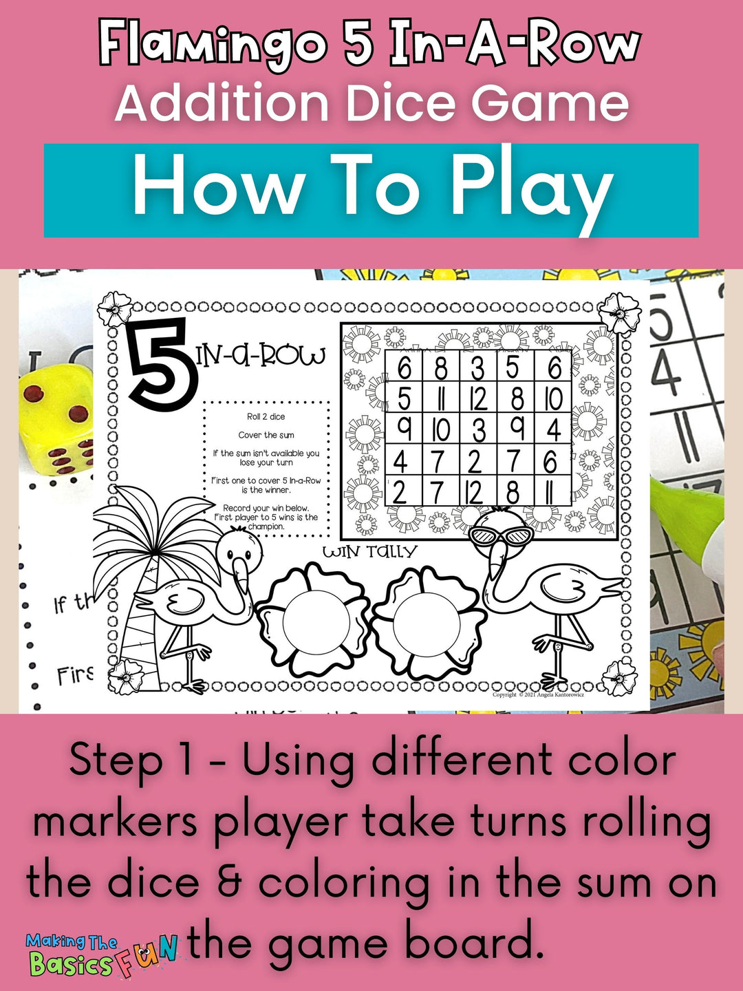 Addition Dice Game - Flamingo 5 In-A-Row - Print & Play Math Game