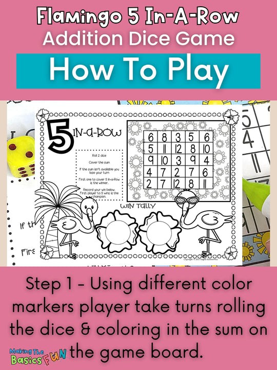 Addition Dice Game - Flamingo 5 In-A-Row - Print & Play Math Game