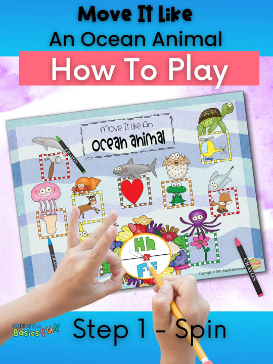 Phonics Printable Game, Move It Like An Ocean Animal, showing first step to playing the game. A child's hand is spinning a paperclip pencil spinner on an H/F spinner. 