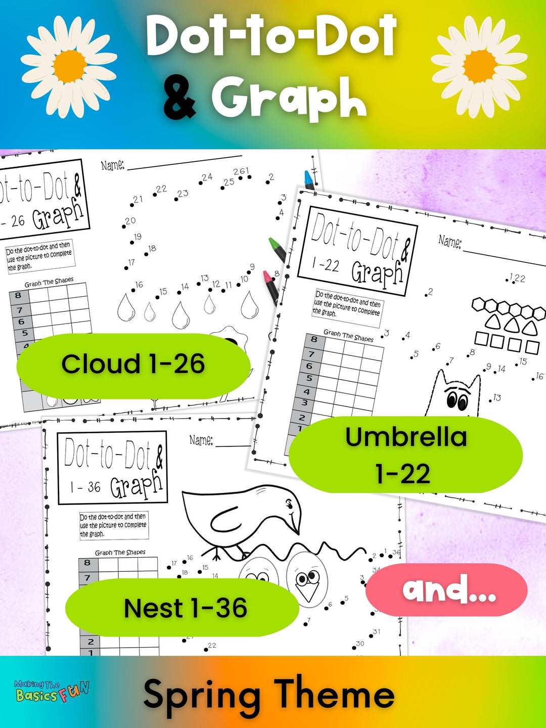 Three puzzles, cloud, monster with umbrella, birds in nest are shown to reference what is found in the dot-to-dot & graph spring count by 1 set.