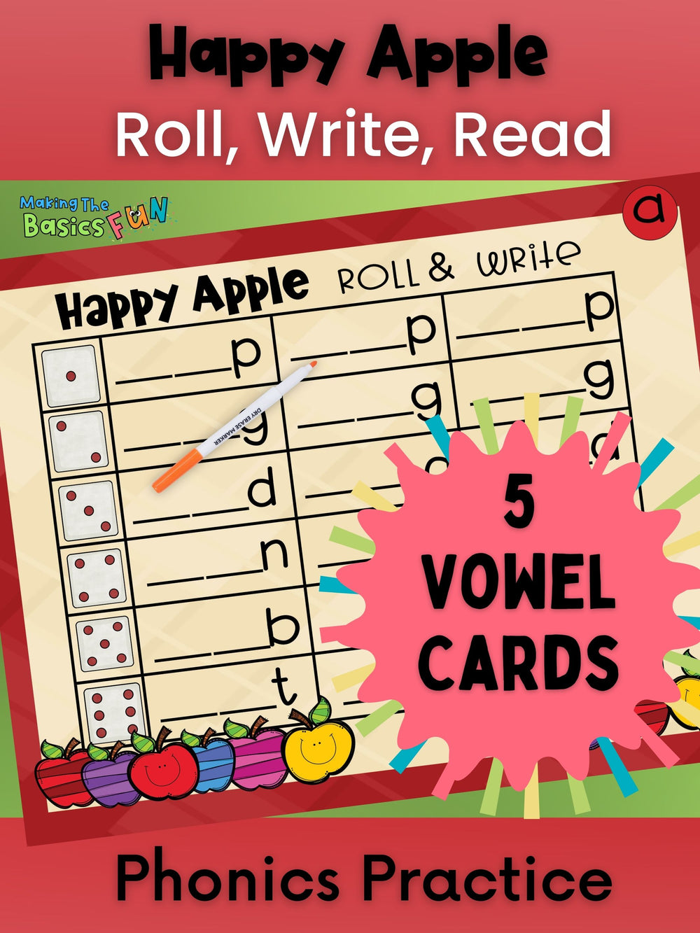 Example of one of 5 phonics games in the Happy Apple Roll, Write, Read game set. Short a game mat.