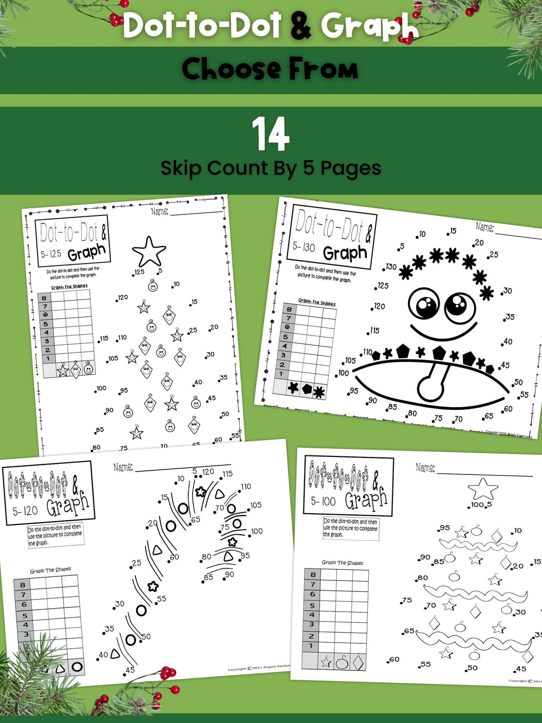 Dot-To-Dot & Graph Christmas Skip Counting by 5