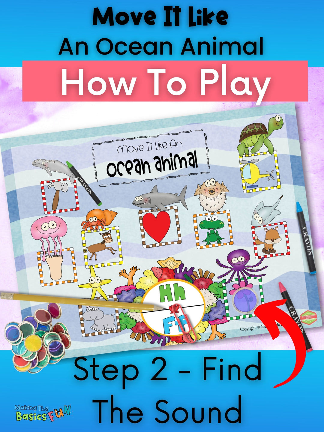 Step 2 Directions for Move It Like An Ocean Animal, phonics game is to find a pictures that represents the first sound heard in a word. F is on the spinner and the child is covering up the picture of a flower on the game board. 