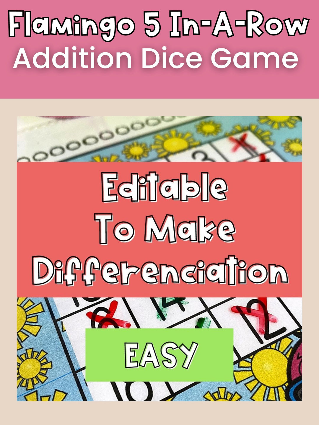 Addition Dice Game - Flamingo 5 In-A-Row - Print & Play Math Game