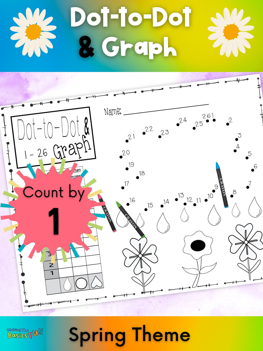 Simple math printable of a Dot-to-Dot & Graph Count by 1 Puzzle. Clouds, raindrops and flowers.