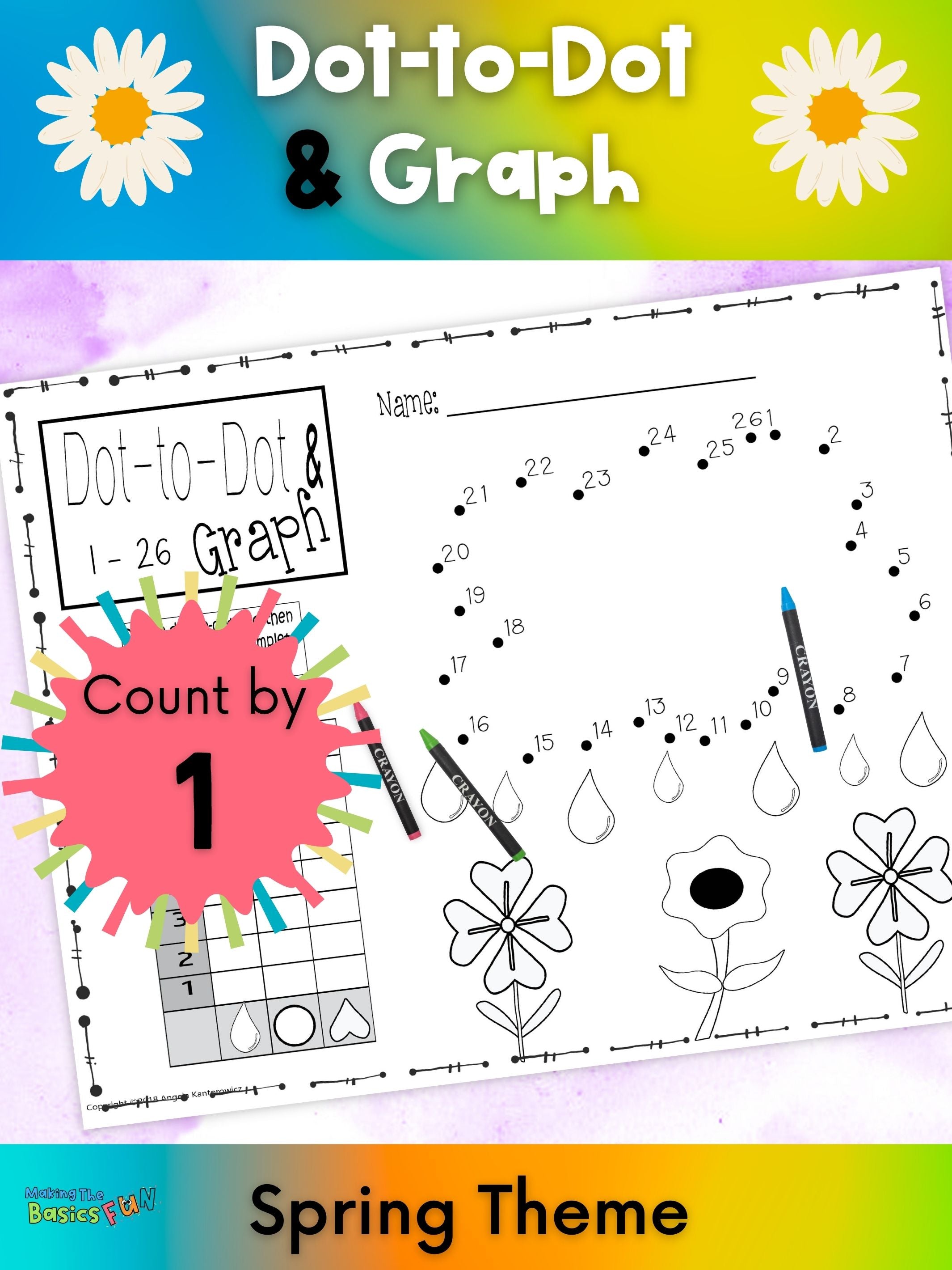 Simple math printable of a Dot-to-Dot & Graph Count by 1 Puzzle. Clouds, raindrops and flowers.