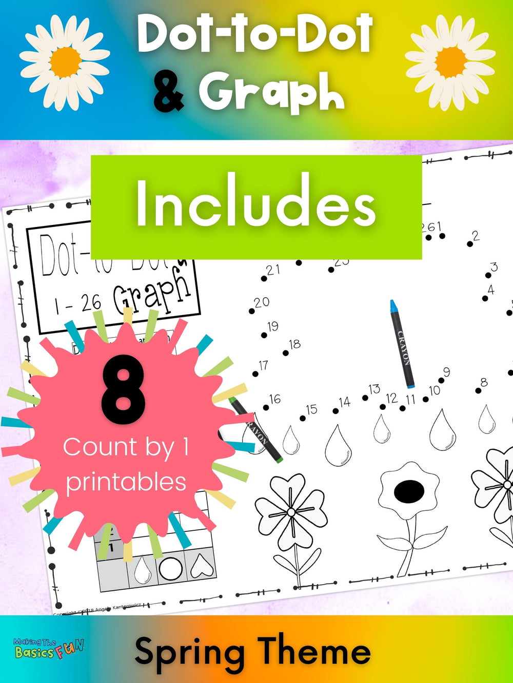 8 Dot-to-dot & graph spring puzzles are included in this set. One of them is shown as a cloud dot-to-dot with flowers and raindrops.