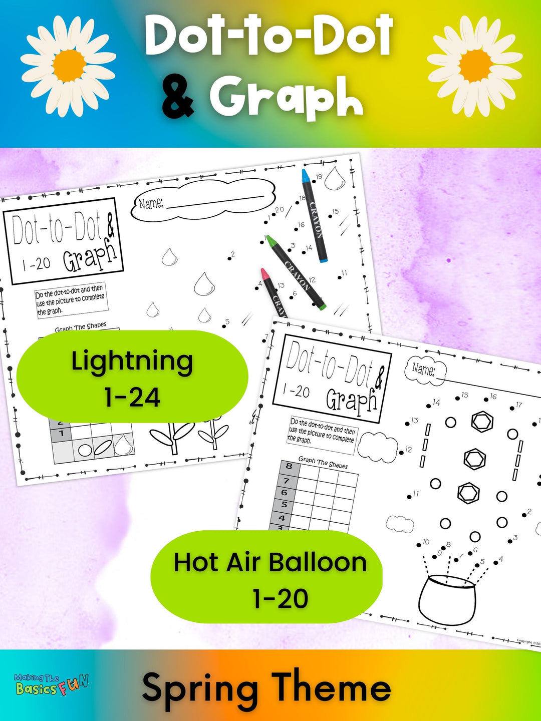 Two puzzles lightning and hot air balloon are shown to reference what is found in the dot-to-dot & graph spring count by 1 set.