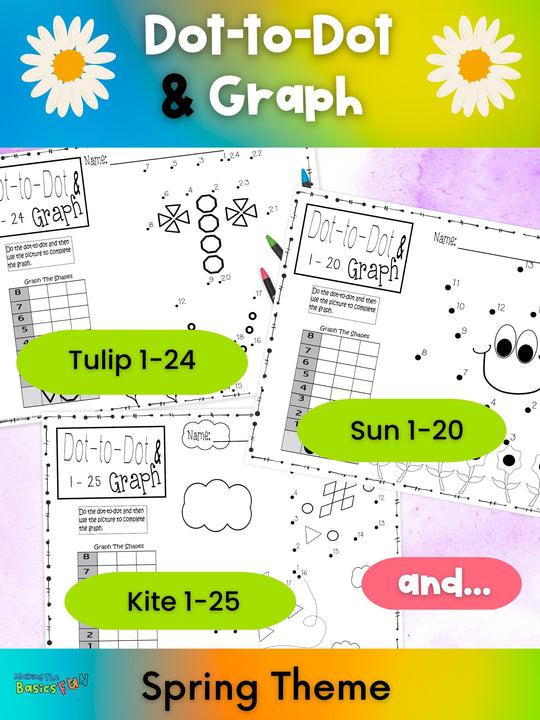 Three puzzles, tulip, sun and kite are shown to reference what is found in the dot-to-dot & graph spring count by 1 set.