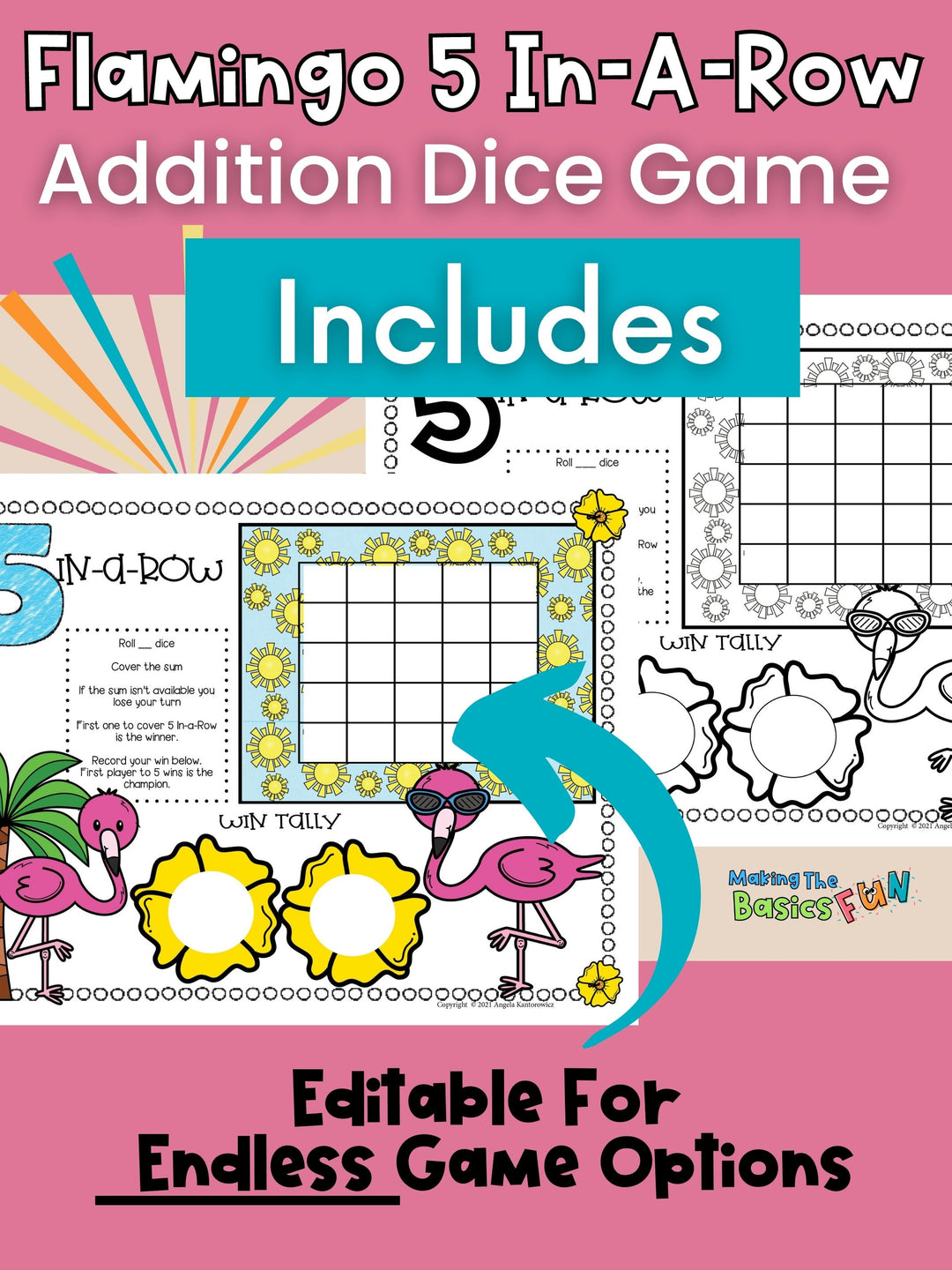 Addition Dice Game - Flamingo 5 In-A-Row - Print & Play Math Game