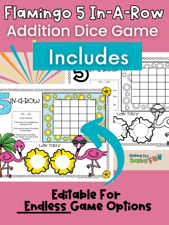 Addition Dice Game - Flamingo 5 In-A-Row - Print & Play Math Game