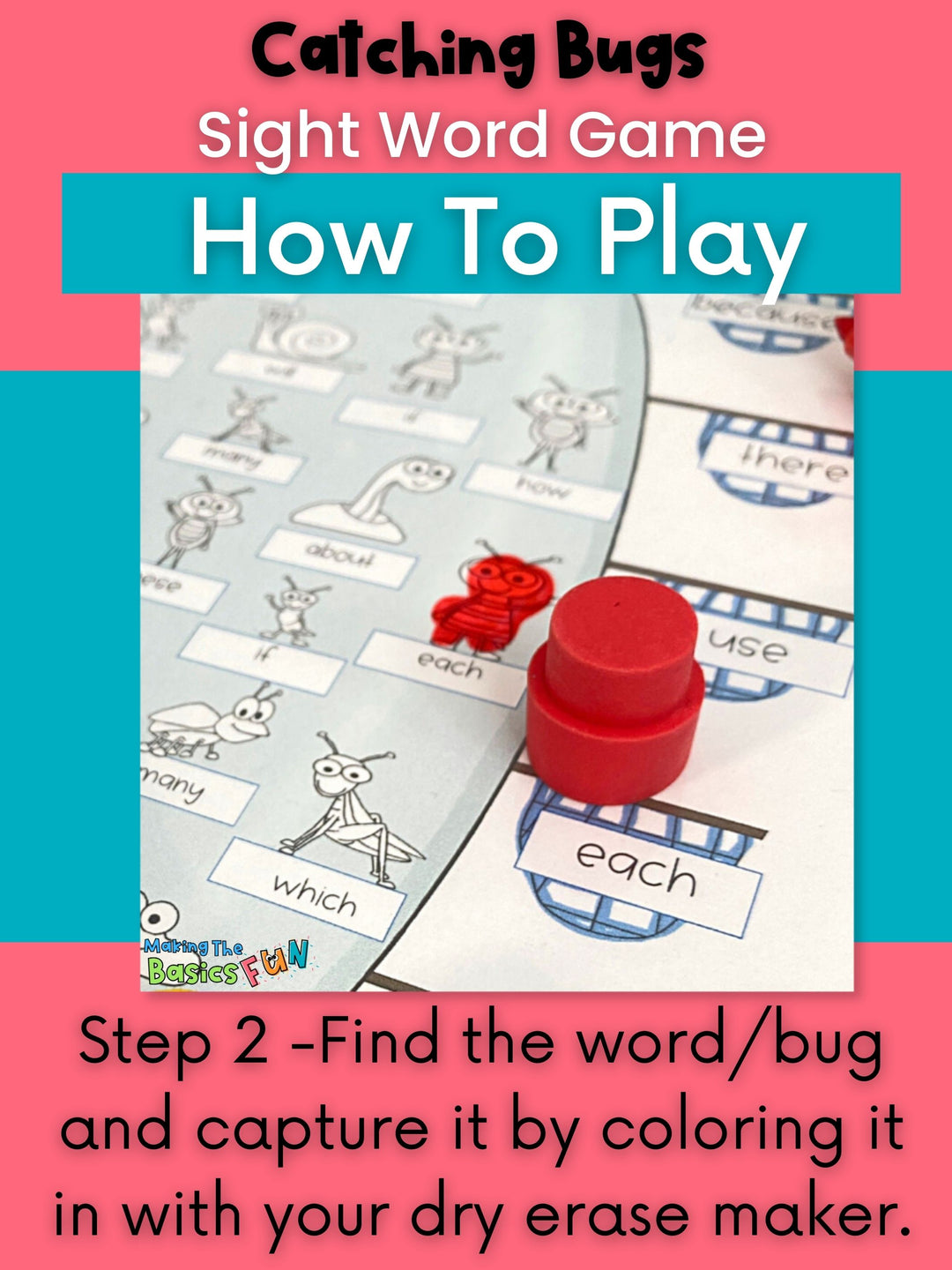 Kindergarten Printable Sight Word Game | Editable | Catching Bugs