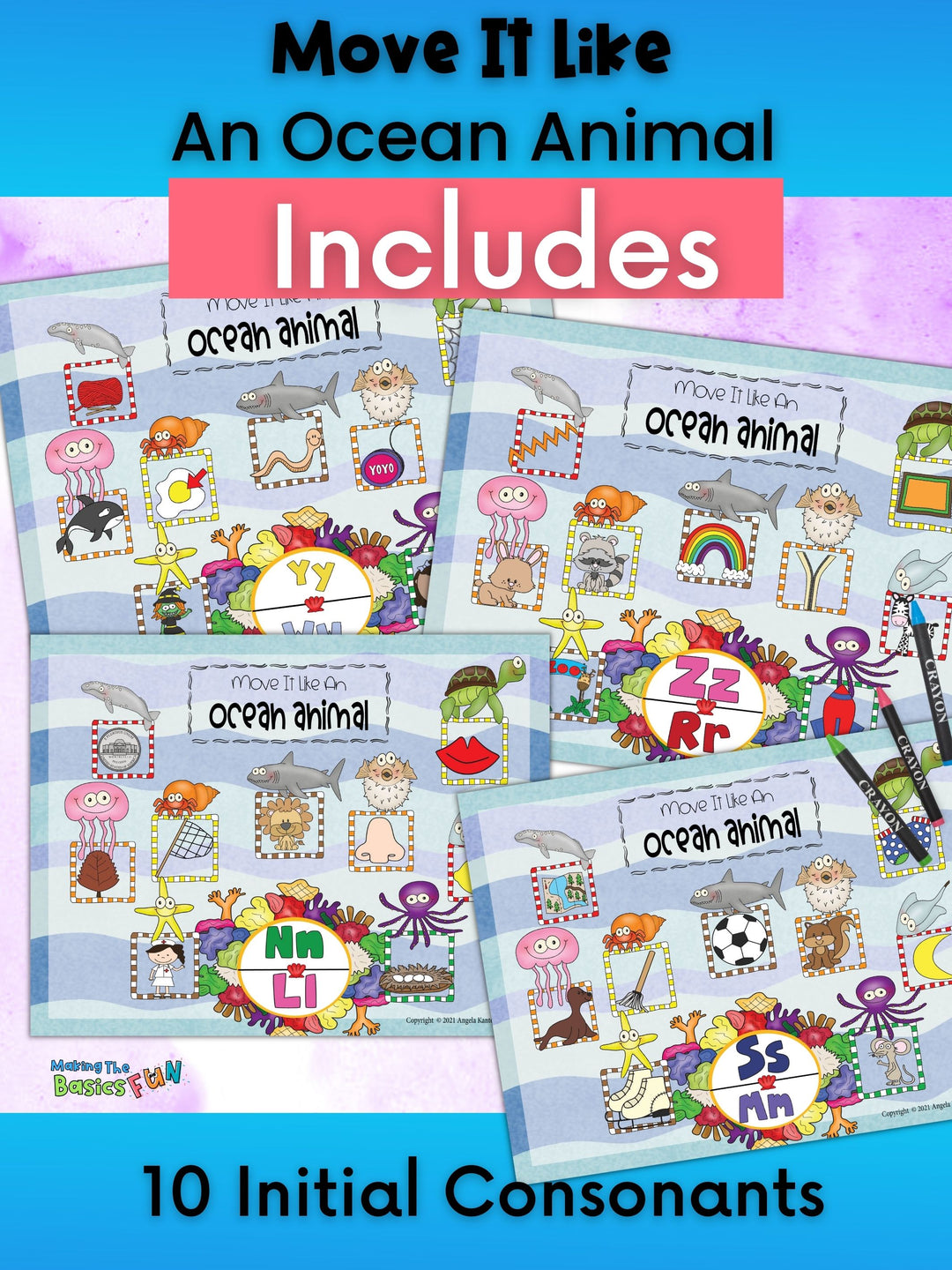 Four examples of the phonics printable game, Move It Like An Ocean Animal. Page one has Y/W spinner and pictures. Page 2 has Z/R spinner and pictures. Page 3 N/L Spinner and pictures.  Page 4  S/M spinner and pictures.