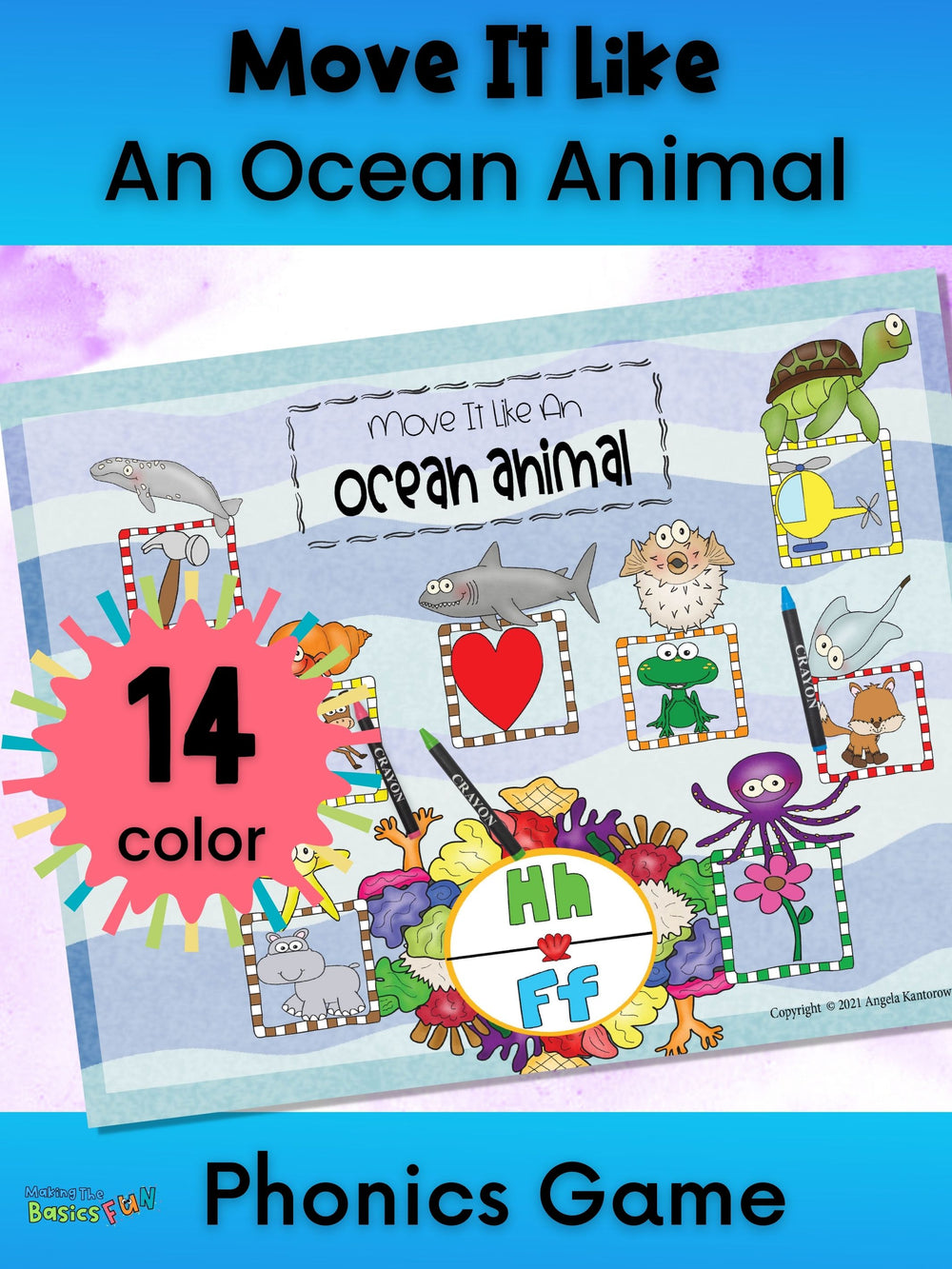 Phonics game colored printable, Move It Like An Ocean Animal,  with i0nitial consonant spinner H/F surround by pictures that start with H/F sound.