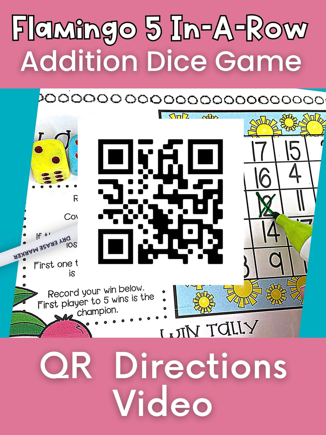 Addition Dice Game - Flamingo 5 In-A-Row - Print & Play Math Game