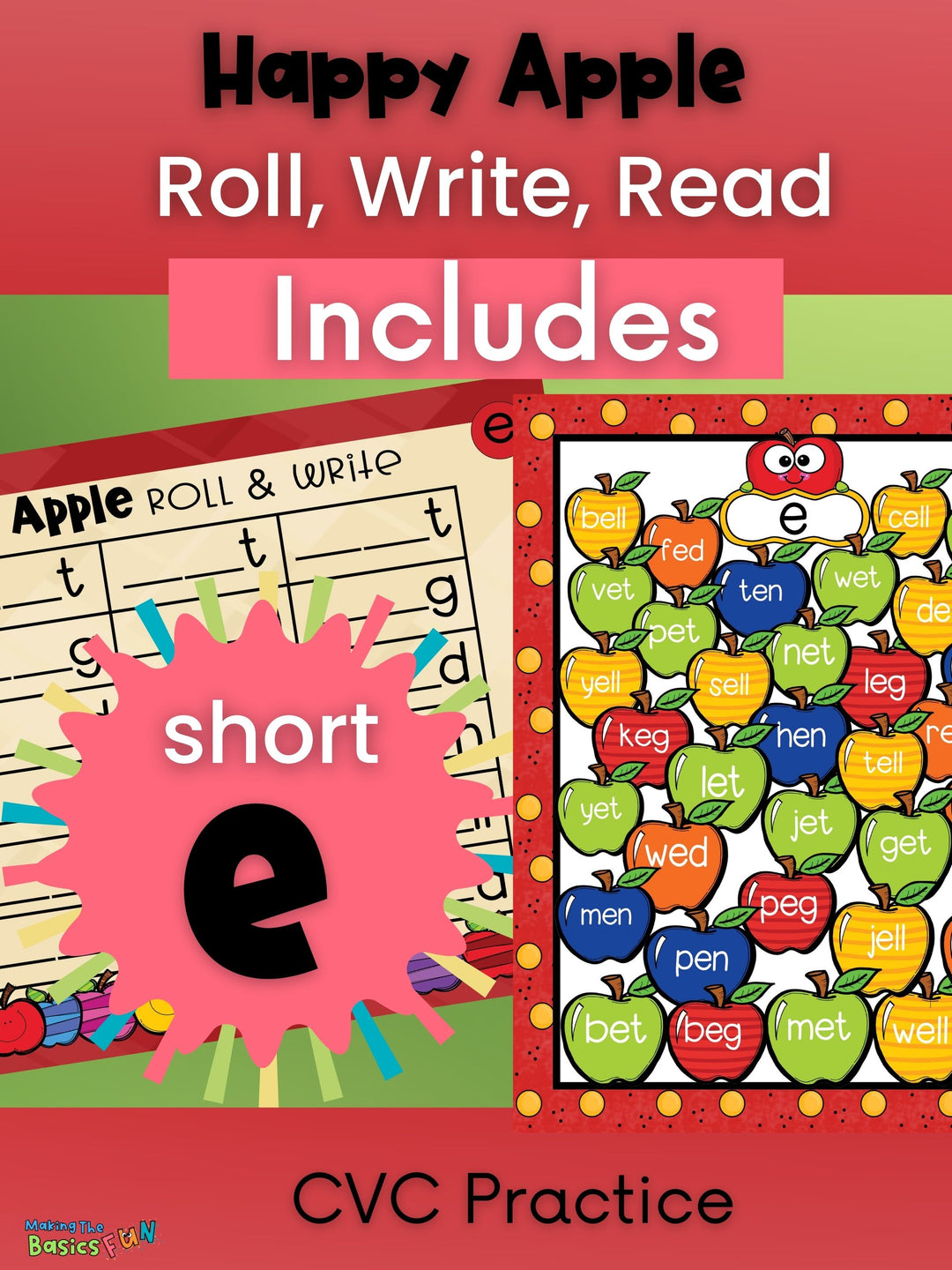 Short e, cvc phonics game and word family printable to help student find and write words that have a short e. 