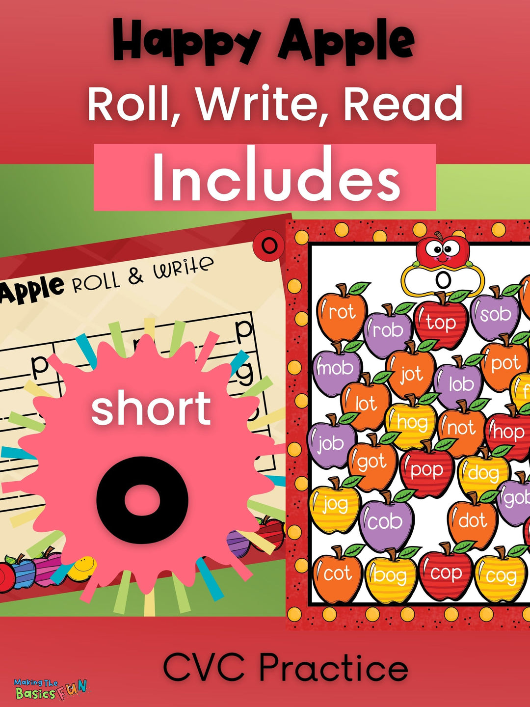 Short o, cvc phonics game and word family printable to help student find and write words that have a short o. 