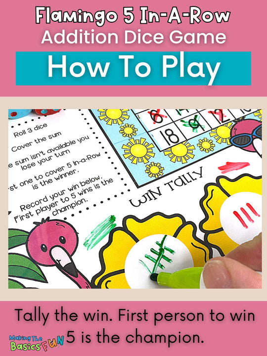 Addition Dice Game - Flamingo 5 In-A-Row - Print & Play Math Game